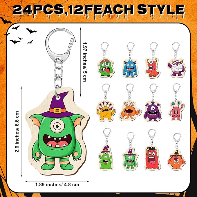 RattanView 24 Pcs Monster Craft Color Your Own Keychains Diy Craft Wooden Blank - Image 2