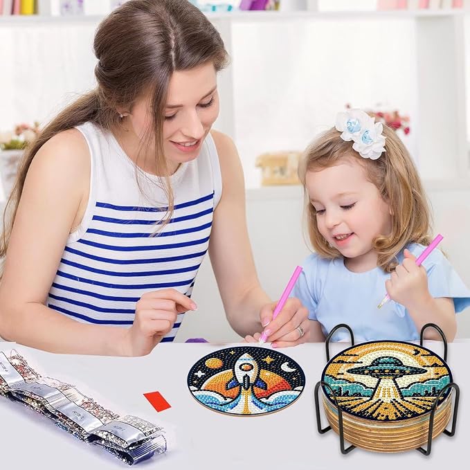 8PCS Outer Space Diamond Art Coasters Kit, Cute Spaceship Diamond Painting - Image 3