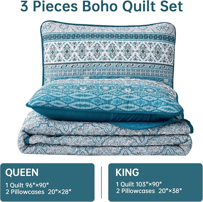 WONGS BEDDING Boho King Quilt Set, Teal and Blue Bohemian Quilt Bedding Set - Image 7