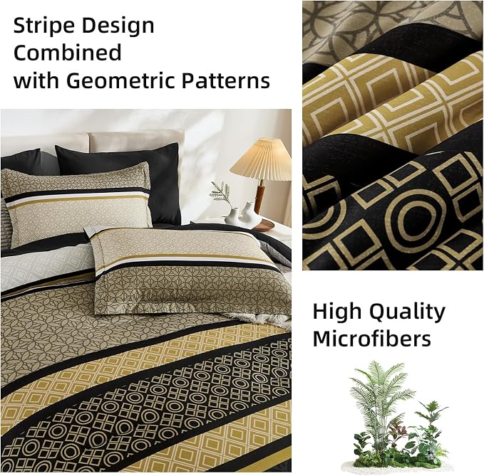 WONGS BEDDING Yellow Black King Comforter Set 7 Pieces, Boho Striped Bed in a - Image 7