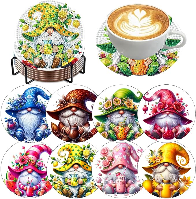 ijbnhd 8 Pack Diamond Art Coasters Kits Gnome | Diamond Painting Coasters Kit by ijbnhd