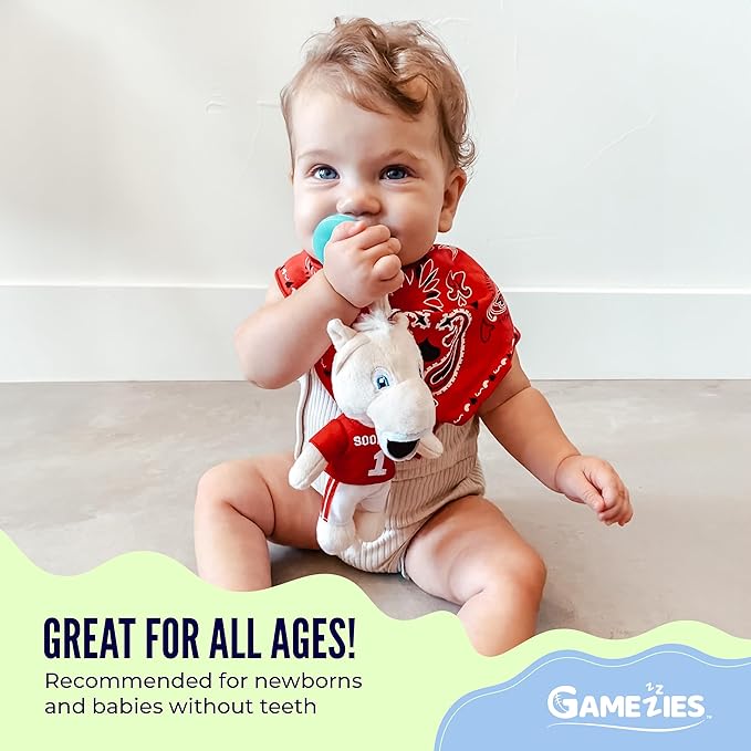 Gamezies Baby Boy and Girl Silicone University of Oklahoma Bloomer Plush Pacifier Collegiately Licensed, Boomer, Removable, Washable Plush Toy CPSIA Tested, BPA-Free 0-6 Months