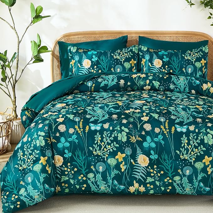 Yiran Queen Comforter Set 7 Piece, Teal Green Floral Bedding Set, Bed in a Bag by Yiran