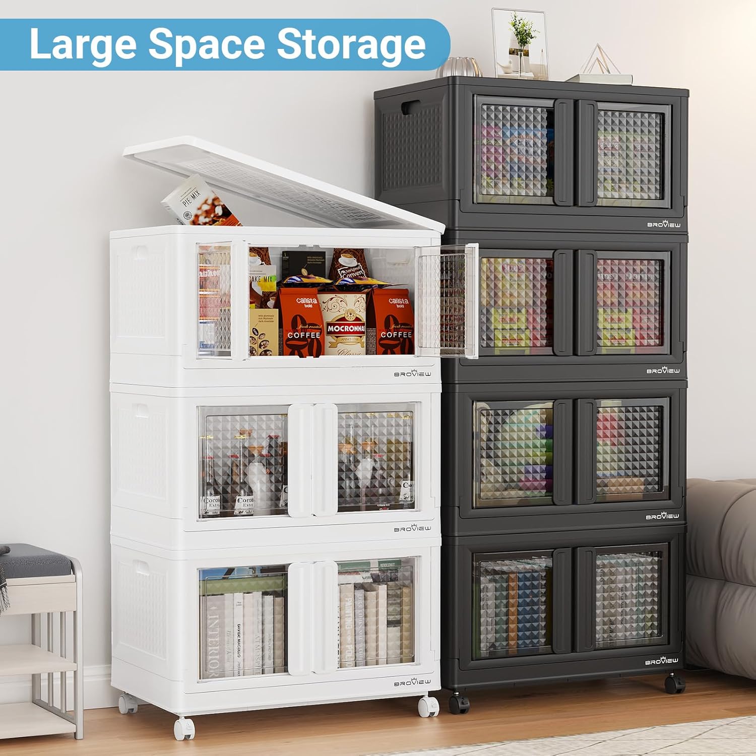 BROVIEW 500 Qt Stackable Storage Bins with Lids & Doors, 5 Pack Plastic Closet Organizer and Storage Drawers with Wheels, Large Collapsible Storage Boxes, Cabinet for Home, Office, V10, Black