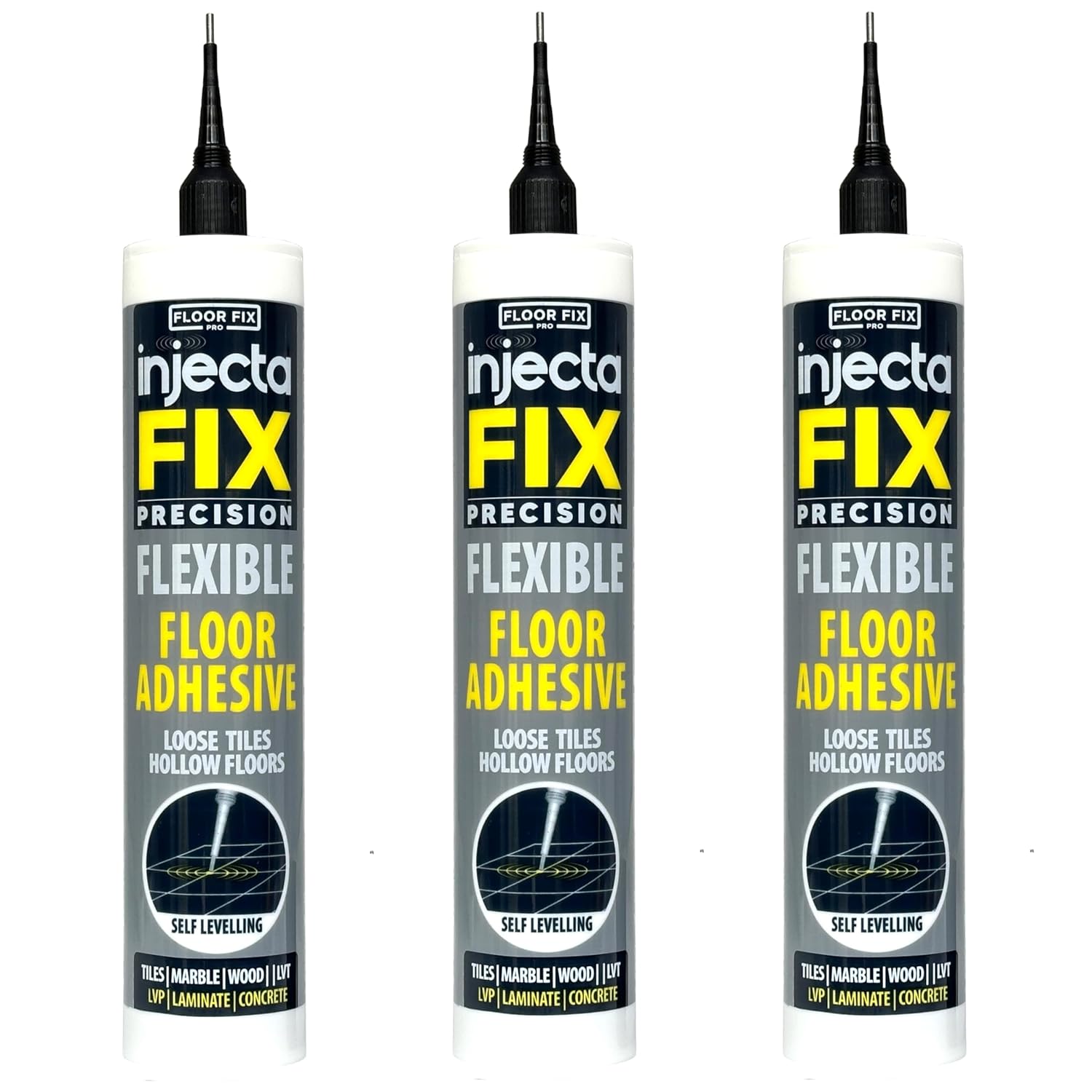 Precision 300ml from Floor-Fix Pro - Fix Loose Tiles - for Loose & Hollow Tiles, Wood, LVT & Laminate - Includes 1.9mm Syringe Tip - Adjustable to 6mm + Anti-Clog Performance (Pack of 3)