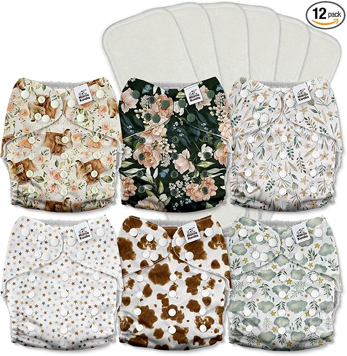 Mama Koala 3.0 Pocket Cloth Diapers for Babies with AWJ Lining, 6 Pack with 6 5-Layer Natural Cloth Diaper Inserts - Reusable and Washable Pocket Diapers(A-A Special Set)