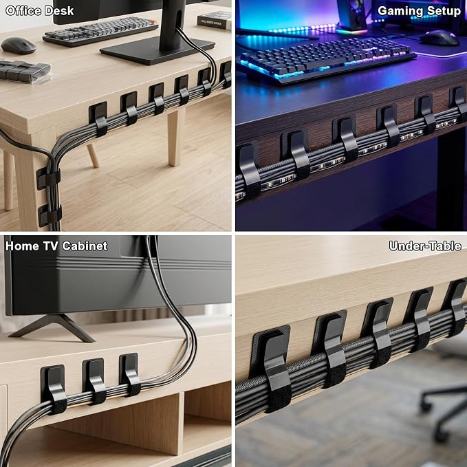 Cable Management Under Desk, 60 Pair Cord Organizer Straps | Reusable hook and - Image 6