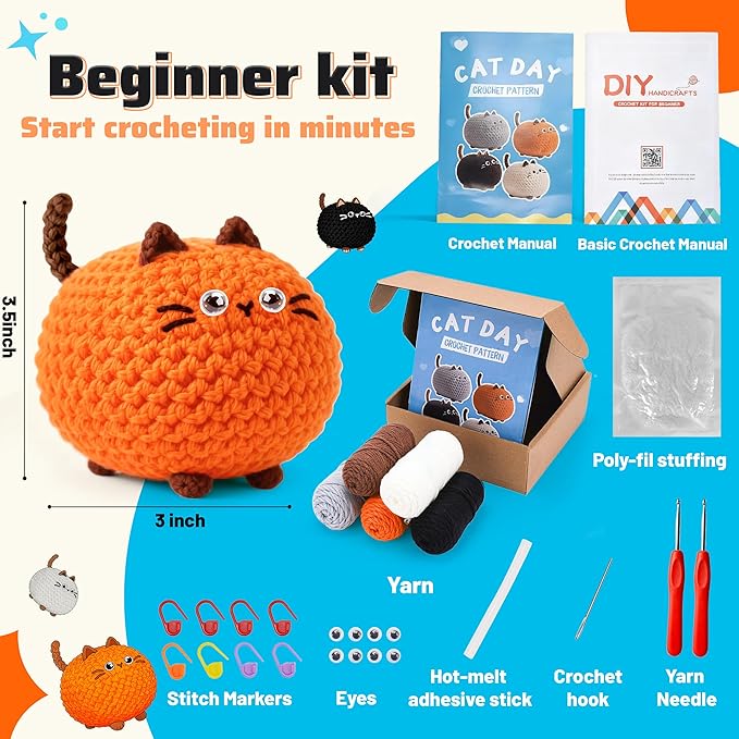 Joyclub Crochet Kit for Beginners 4 PCS Cat Family Learn to Crochet Kit - Image 3