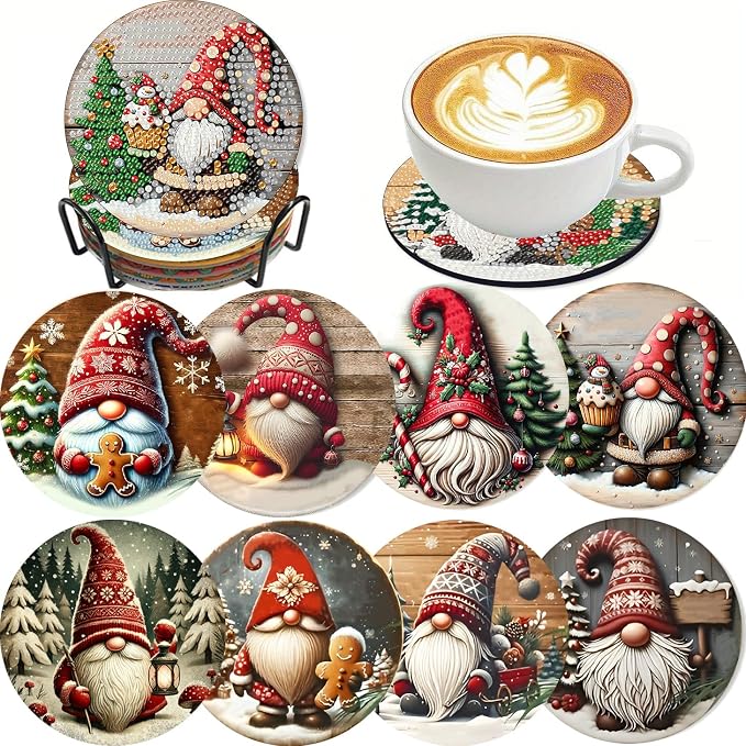 Clendo 8 PCS Christmas Gnome Diamond Art Coaster Kits by Clendo