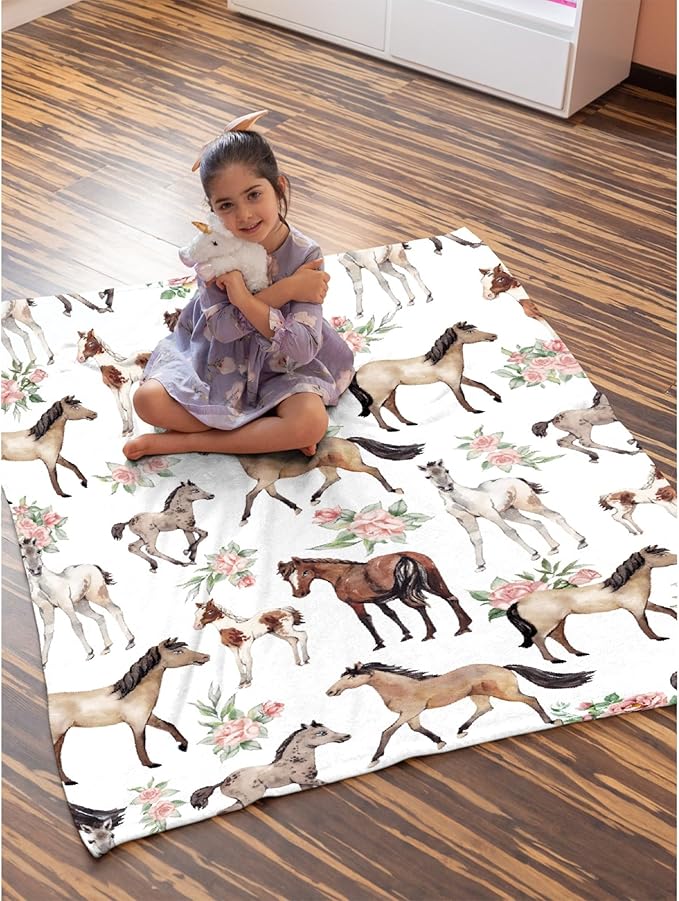 Horse Rose Blanket for Boys Girls, Flowers Kids Throw Blanket Gift for Child, Fluffy Cozy Soft Lightweight Blankets for Bed Office, 40x50 Inches