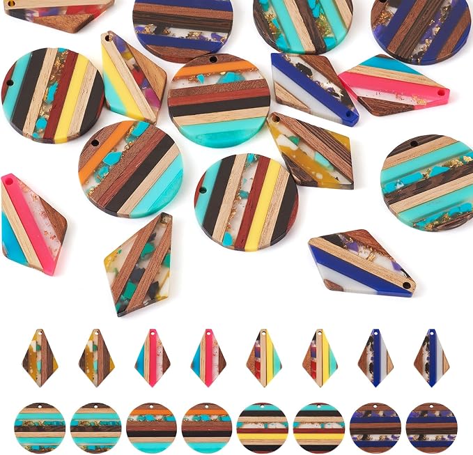 FASHEWELRY 16Pcs Resin Wood Earring Charms Flat Round Wooden Earring Blanks by FASHEWELRY