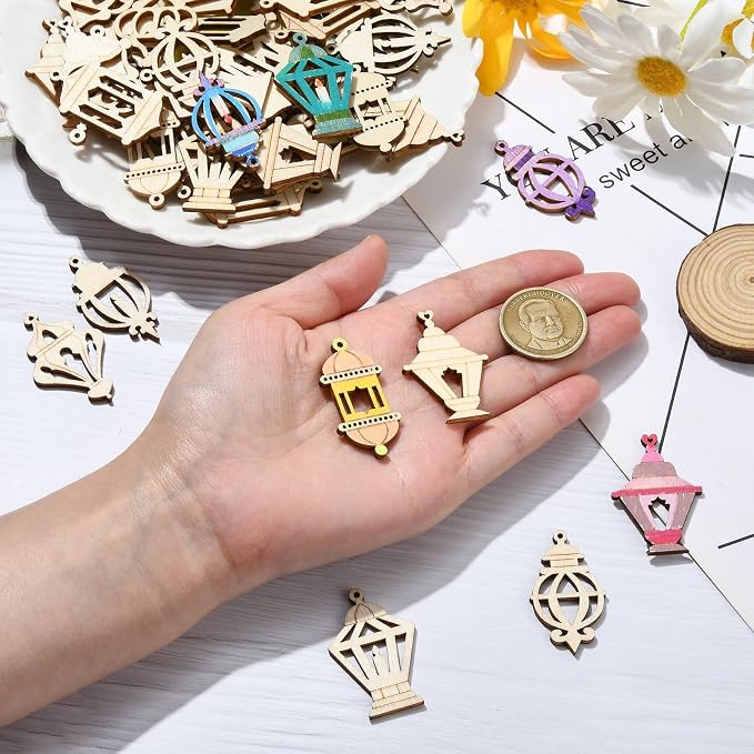 200 pcs Mixed Styles Hollow Lantern Theme Undyed Wood Cutout Charms Pyrography - Image 4