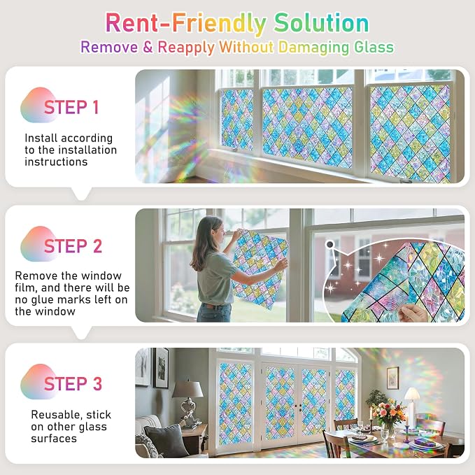 Sunbaby Window Privacy Film Stained Glass Decorative Rainbow Window Cling 3D - Image 6