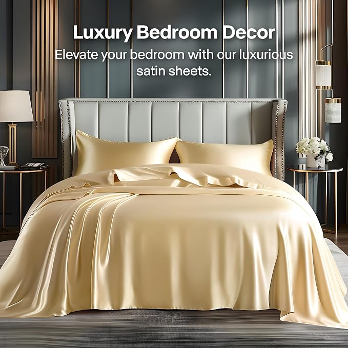 BEDELITE King Size Sheets Set, Luxury Soft Champagne Satin Sheets - Image 2