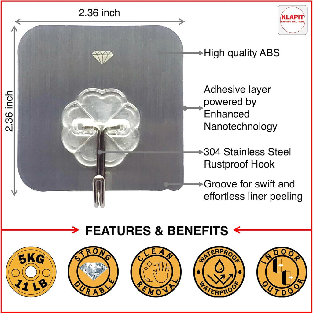 KLAPiT Super Hook - Heavy-Duty Adhesive Wall Hooks, Holds Up to 11 lbs, Waterproof, No Damage, Easy Install on Tile, Wood, Stone, Glass & Metal - Made of Steel (Silver, 8pc)