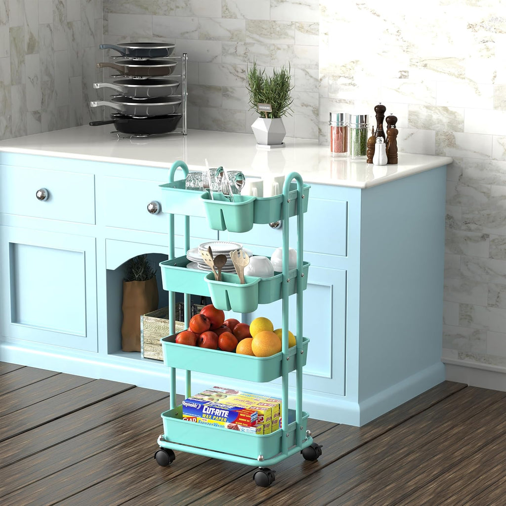 Simple Houseware 4-Tier Multifunctional Rolling Utility Cart with Hanging Buckets, Turquoise