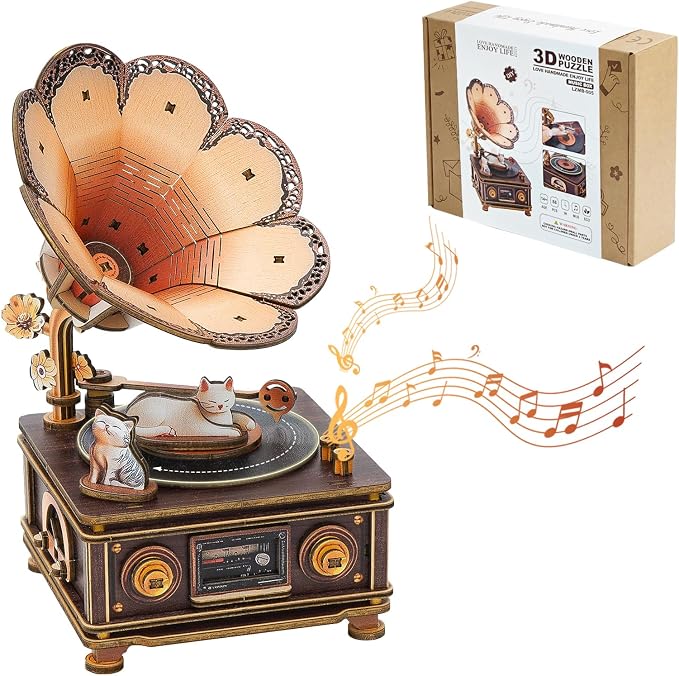 3D Wooden Puzzle Mechanical Gramophone, Wood Model Kits by Lilcubics