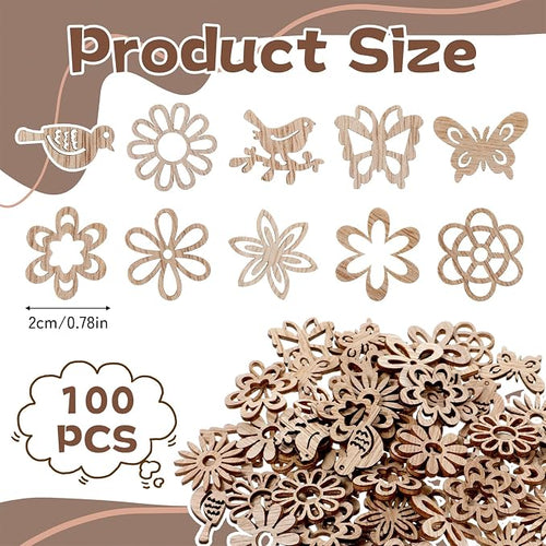 100 PCS Unfinished Wood Crafts Wood Slice Leaf Bird Flowers Butterfly Pattern - Image 2