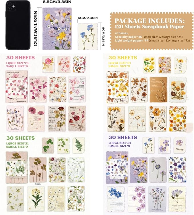 120 Pcs Floral Textured Scrapbook Paper Junk Journal Supplies Stationery | 4 - Image 2