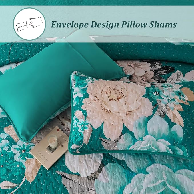 WONGS BEDDING Teal Boho Floral Quilt Set King, 3 Pieces Elegant Flower - Image 6