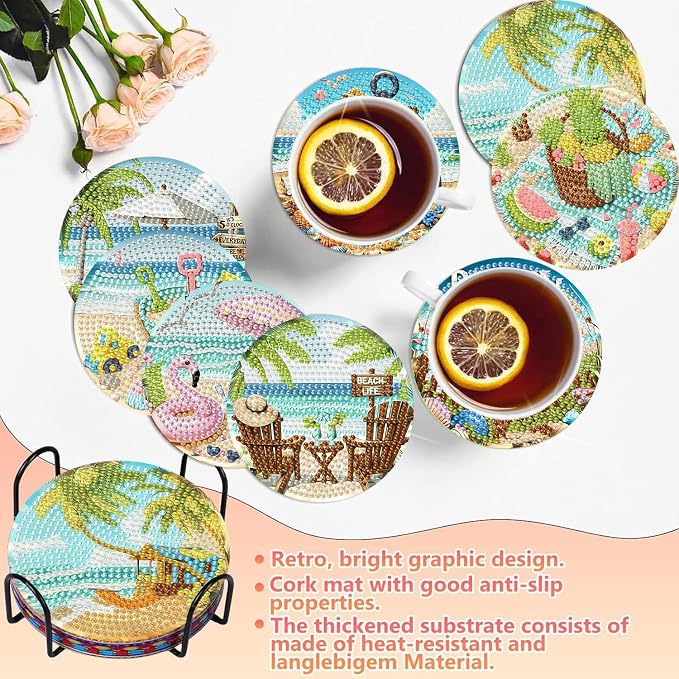 Benjenes 8 PCS Diamond Art Coasters Kits Beach Diamond Painting Coaster | - Image 4