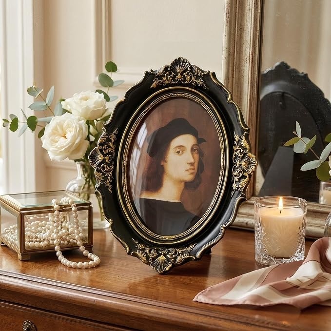Cuspin 4x6 Oval Picture Frame, Vintage Ornate Baroque Black and Gold Resin - Image 2
