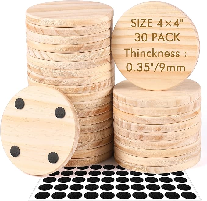 30 Pieces Unfinished Wood Coasters, 4 Inch Round Blank Wooden Coasters by Dlerom