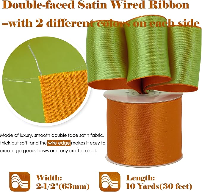 HUIHUANG 2.5 inch Moss Green and Orange Wired Satin Ribbon Double Face Wire - Image 2