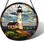 DASTOLL Stained Glass Window Hanging, Ocean Lighthouse Sun Catchers Glass Panel by DASTOLL