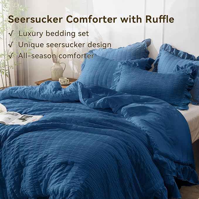 JOLLYVOGUE Teal Queen Comforter Set, 3 Pieces Seersucker Comforters Queen Size - Image 3