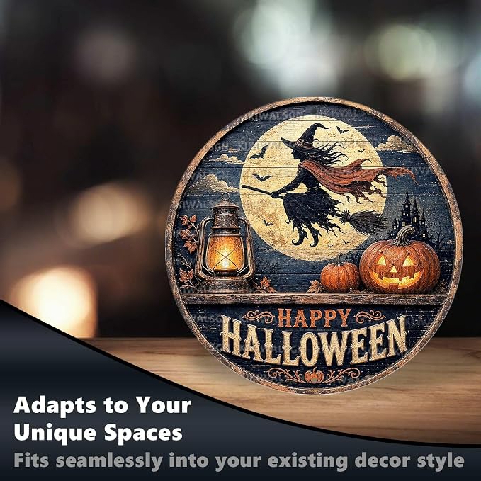 Flying Witch Halloween Metal Tin Sign Round Wall Decor Full Moon Haunted House - Image 6