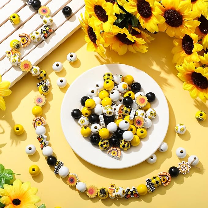 Bencailor 200 Pcs Sunflower Wooden Beads Wooden Colorful Round Loose White - Image 3