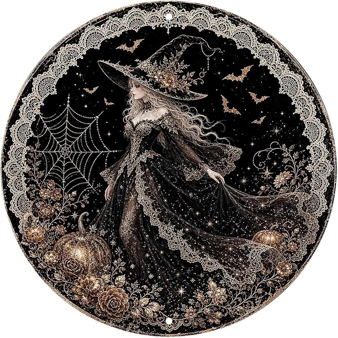 Elegant Gothic Witch Halloween Metal Tin Sign Round Wall Decor Black Dress Gold by Unknown