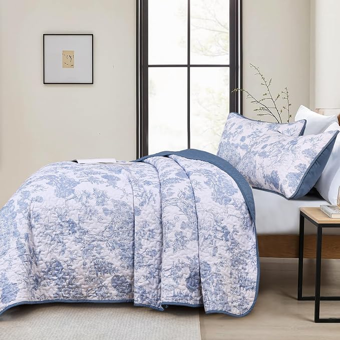 WONGS BEDDING Blue Quilt Set King Size, 3 Pieces Botanical Bedspreads Set - Image 3