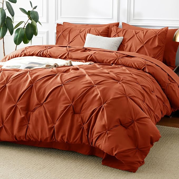 CozyLux Full Size Comforter Sets Burnt Orange, 7 Pieces Pintuck Bed in A Bag by CozyLux