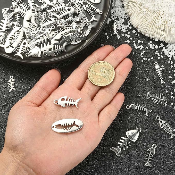 DanLingJewelry 100Pcs 10 Styles Fish Charm Bulk Fish Bone Charms Skeleton Charms - Image 3