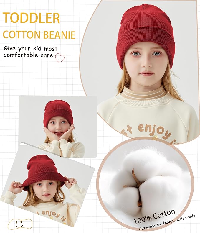 ROYBENS 100% Cotton Baby Beanie Cute Toddler Winter Hat Boys Girls Kids Soft Warm Knit Cuffed Caps Beanies for 0-8 Years