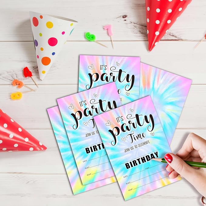 Tie Dye Theme Birthday Invitations, 25 Double-Sided It's Party Time Invitation - Image 3
