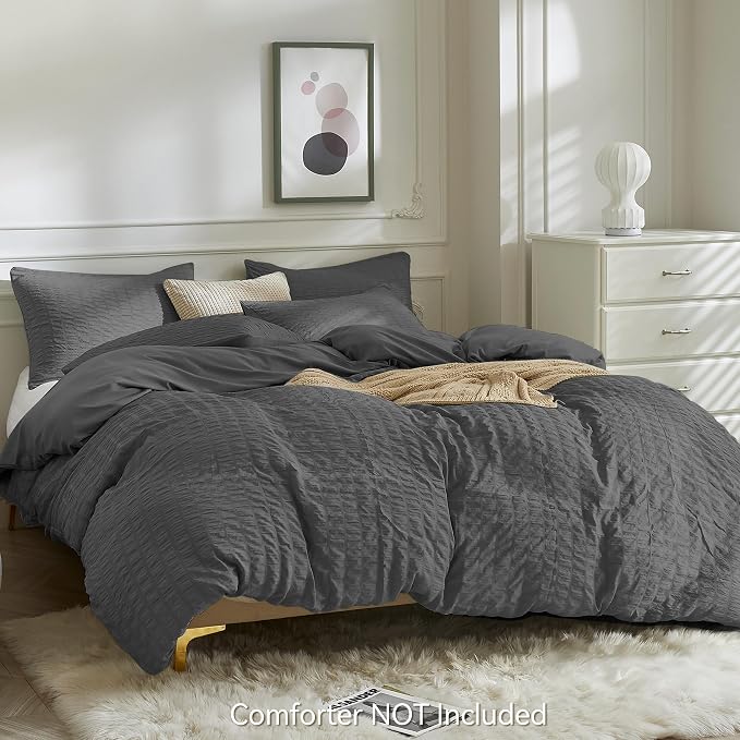 JELLYMONI Charcoal Grey Duvet Cover Queen Size, Soft Breathable Seersucker - Image 3