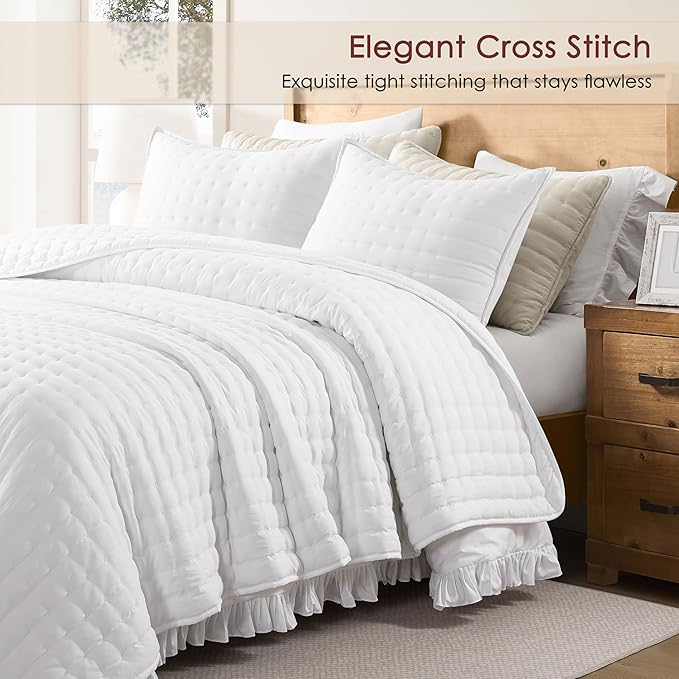 WDCOZY White Cloud Quilt Set Twin Size, Lightweight Soft Cross Stitch Bedspread - Image 3