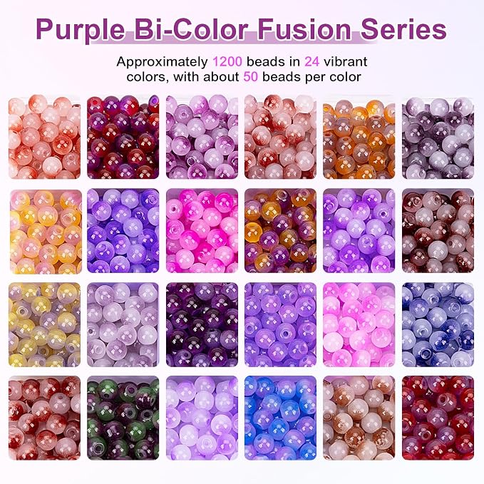 XSEINO About 1200+ pcs 6mm Glass Beads Bracelet Making Kit, 24 Assorted Purple - Image 3