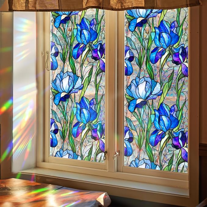 Bloss Blue Iris Flowers Sunroof Film Floral Rainbow Effect Static Clings Window - Image 2
