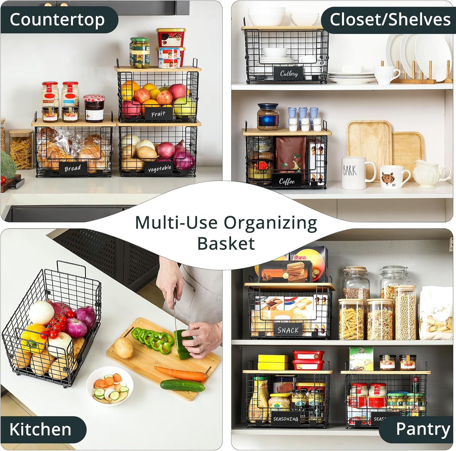 1 Pack Stackable Storage Trash Bag Baskets with Bamboo Top, Large & Standard Trash, Garbage Bag Holder Dispenser, Multiuse Basket for Kitchen Pantry Cabinet Counter Under Sink Laundry Organizing