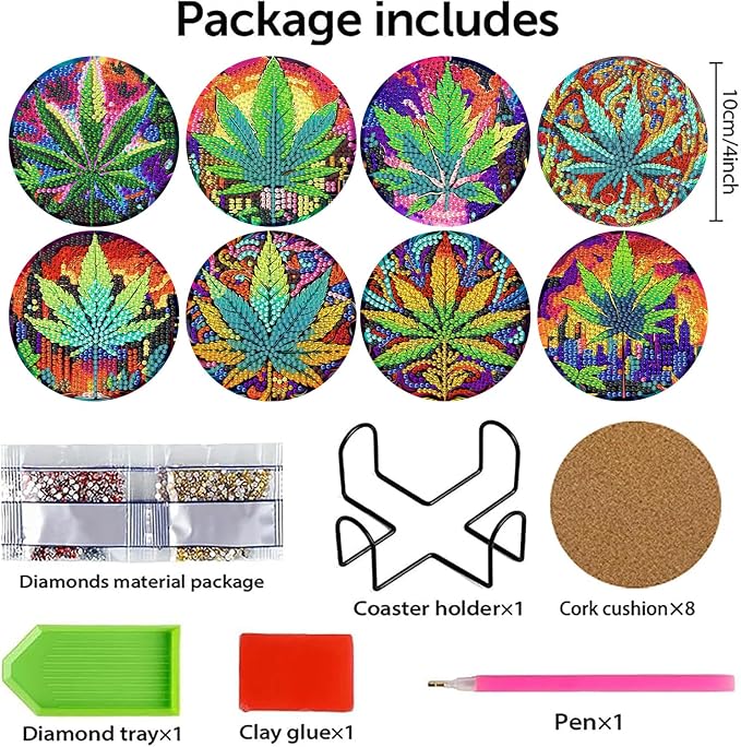 8 PCS Leaves Diamond Art Coasters Kits Diamond Painting Coaster | Diamond - Image 2