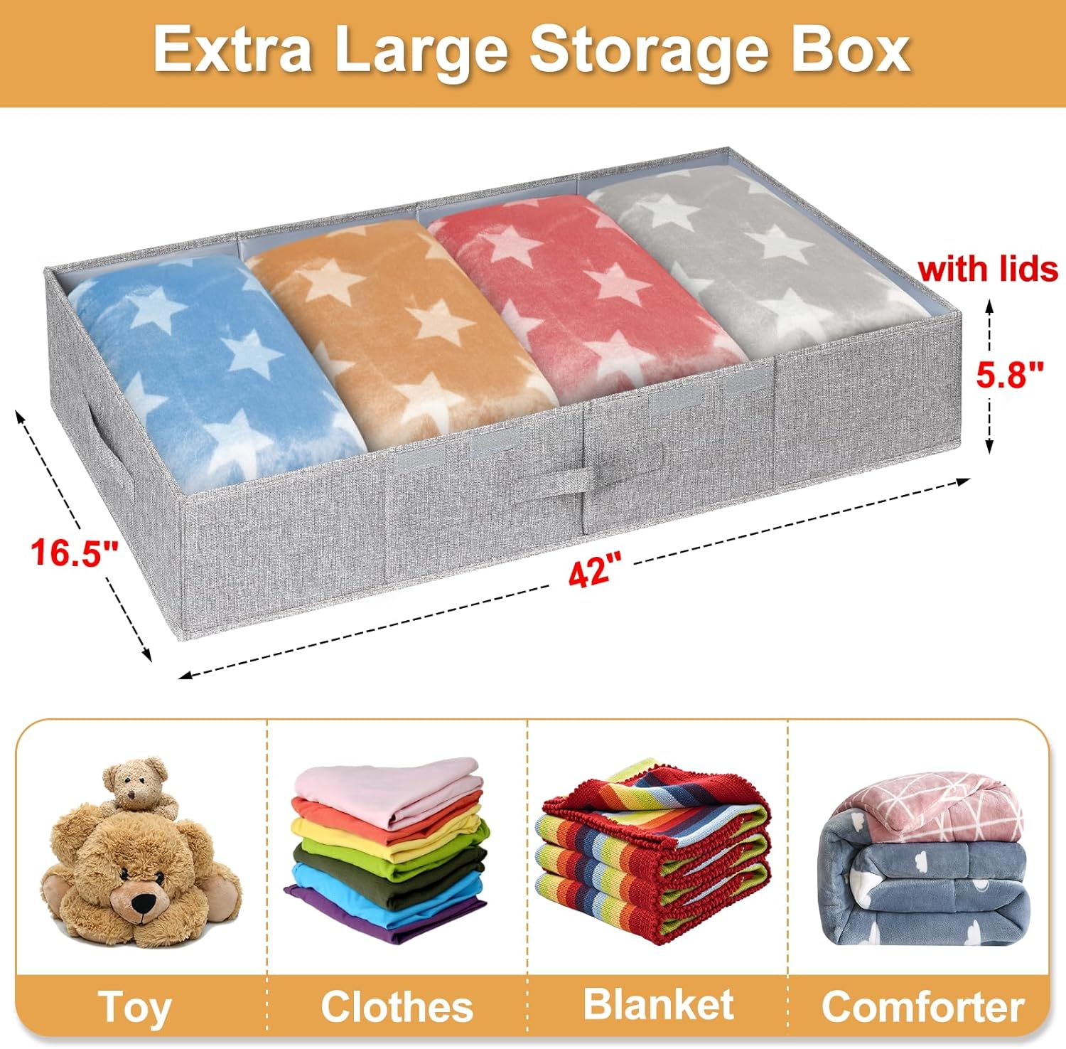 punemi Extra Large Under Bed Storage 65L, 42*16.5*5.8 in Tall underbed storage containers with Lids, Sturdy Closet Organizers and Storage Bins Bags for Blankets Comforter Sweaters Wrapping Paper 2PACK