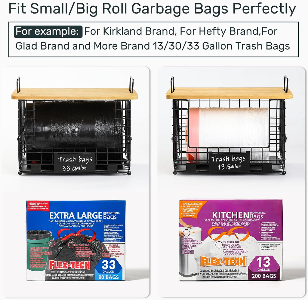 1 Pack Stackable Storage Trash Bag Baskets with Bamboo Top, Large & Standard Trash, Garbage Bag Holder Dispenser, Multiuse Basket for Kitchen Pantry Cabinet Counter Under Sink Laundry Organizing