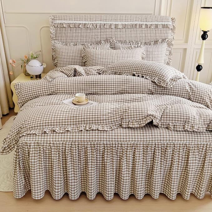 mixinni Tan Gingham Ruffle Duvet Cover Twin Size 3 Pieces – 100% Washed Cotton - Image 3