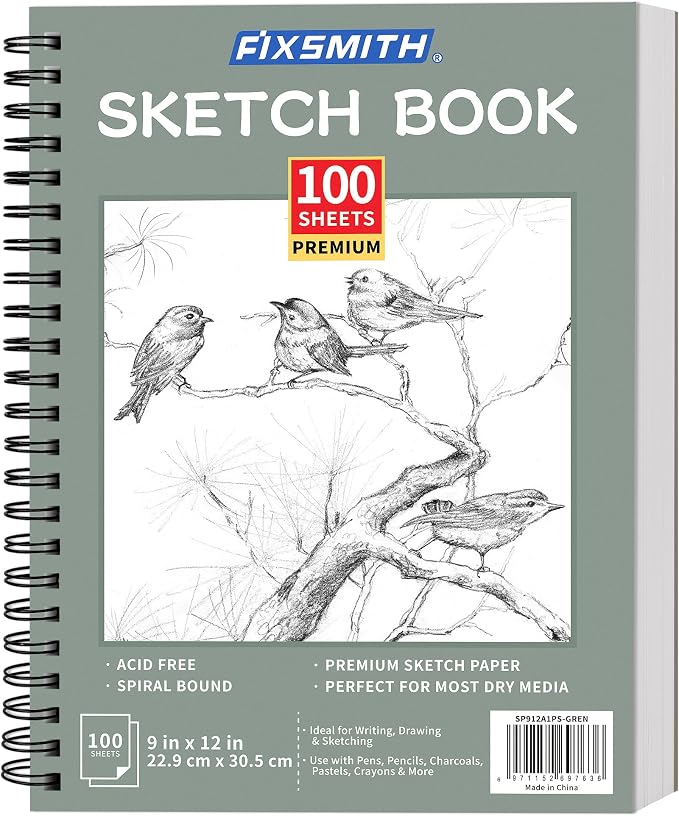 FIXSMITH 9"X12" Green Sketch Book, 100 Sheets Spiral Sketchbook, Acid Free by FIXSMITH