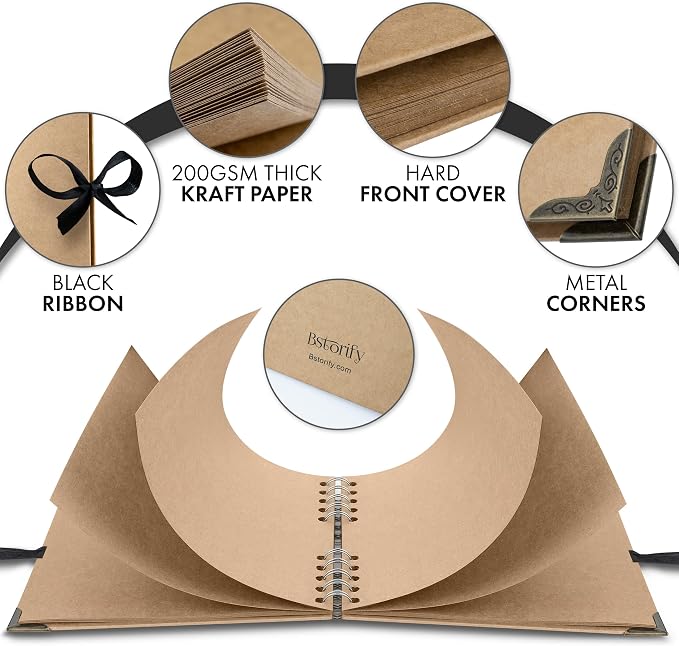 Bstorify Square Scrapbook Photo Albums 36 Pages Brown Thick 200gsm Kraft Paper - Image 3