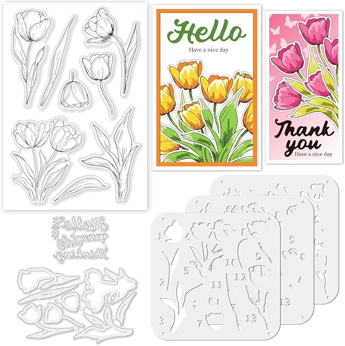 Stamps and Dies for Card Making, Mother's Day Tulip Stamps Die Cut Stencils by ACRNIGHEET